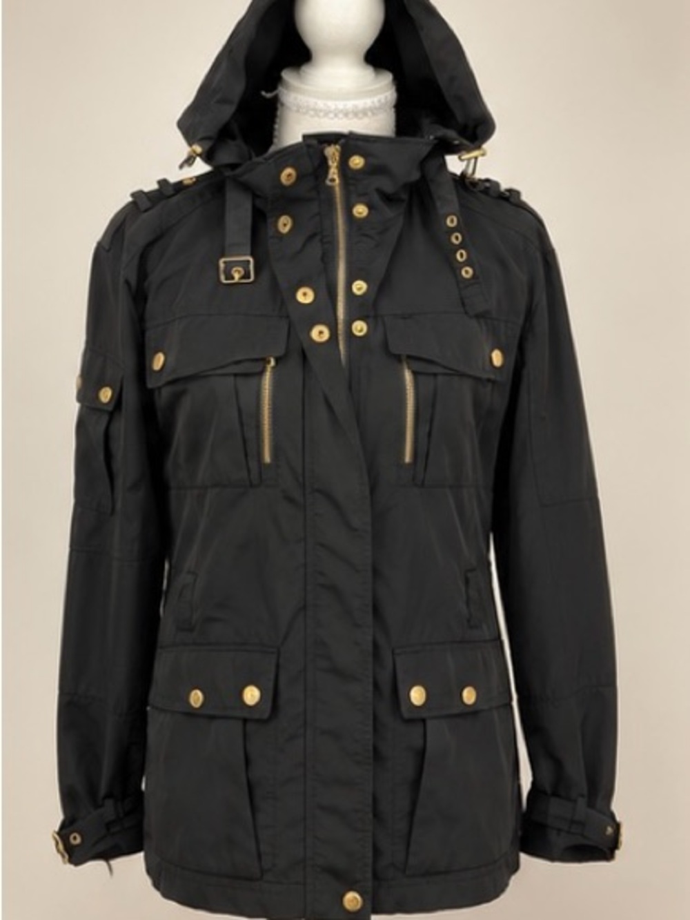 Trina Turk Black Hooded Utility Field Jacket Gold Hardware Pink Lining M